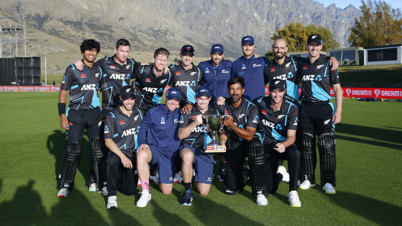 New Zealand's players pose with the trophy after completing a 2-1 series win, New Zealand vs Sri Lanka, 3rd T20I, Queenstown, April 08, 2023