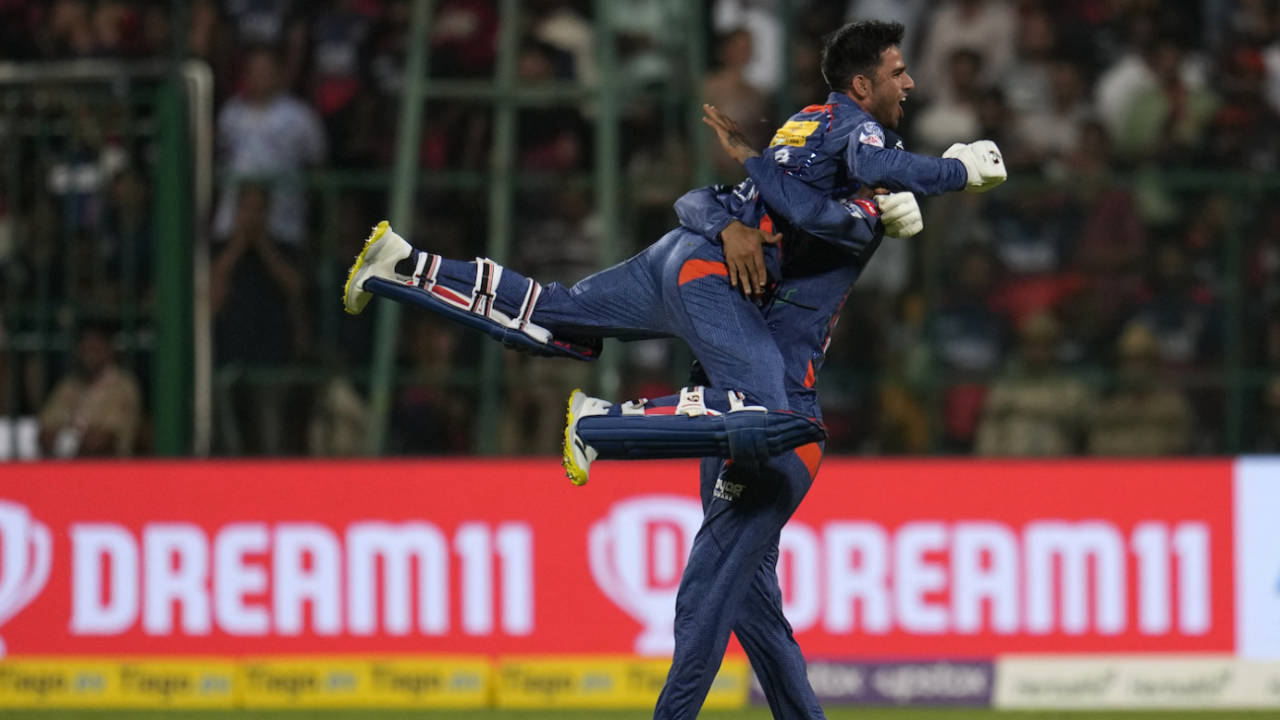 Ravi Bishnoi leaps into the arms of Deepak Hooda after the win, Royal Challengers Bangalore vs Lucknow Super Giants, IPL 2023, Bengaluru, April 10, 2023