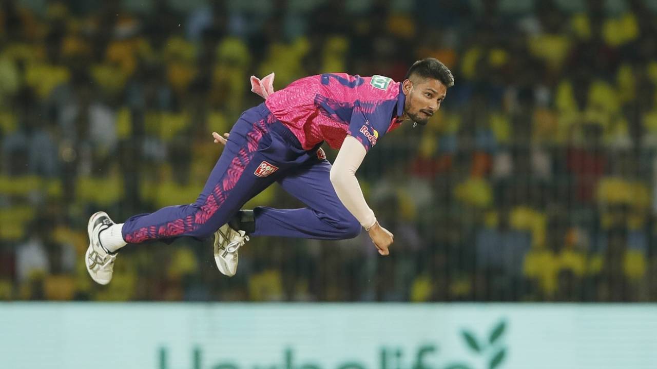 Kuldeep Sen is airborne in his follow through, Chennai Super Kings vs Rajasthan Royals, IPL 2023, Chennai, April 12, 2023