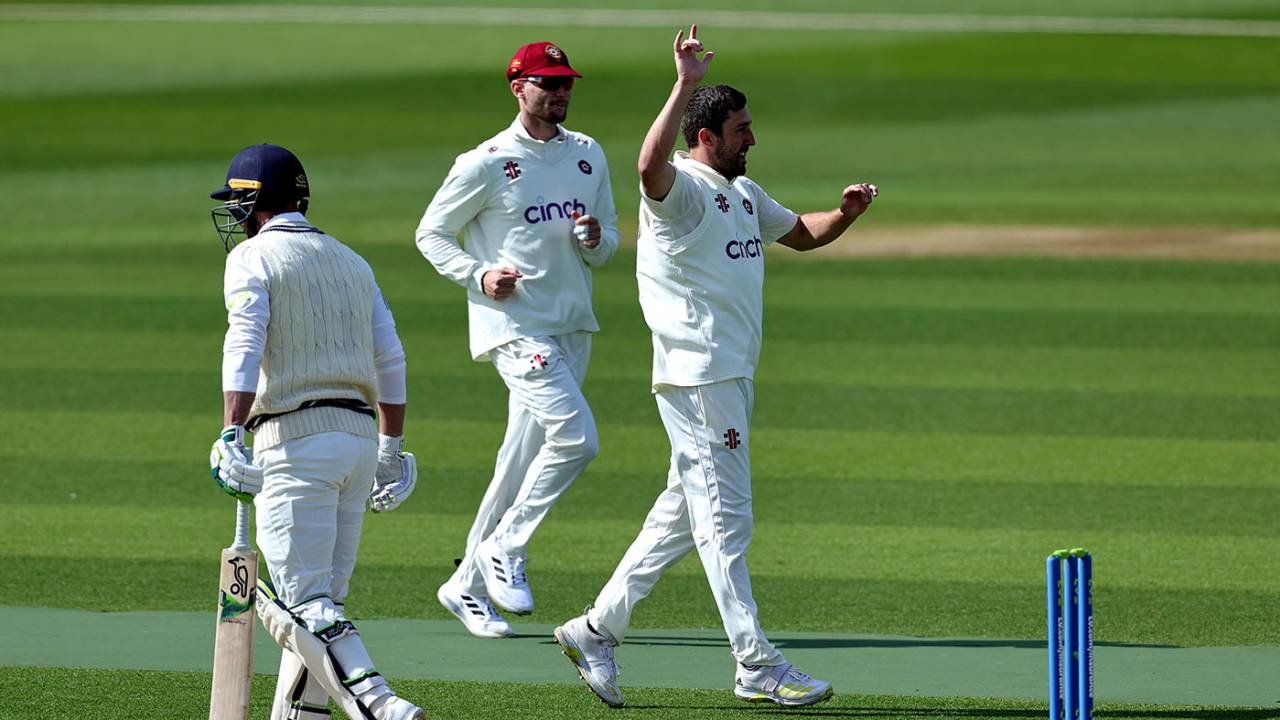Ben Sanderson celebrates the wicket of Pieter Malan as Middlesex's batting fails again, Northamptonshire vs Middlesex, LV= County Wantage Road, April 13, 2023