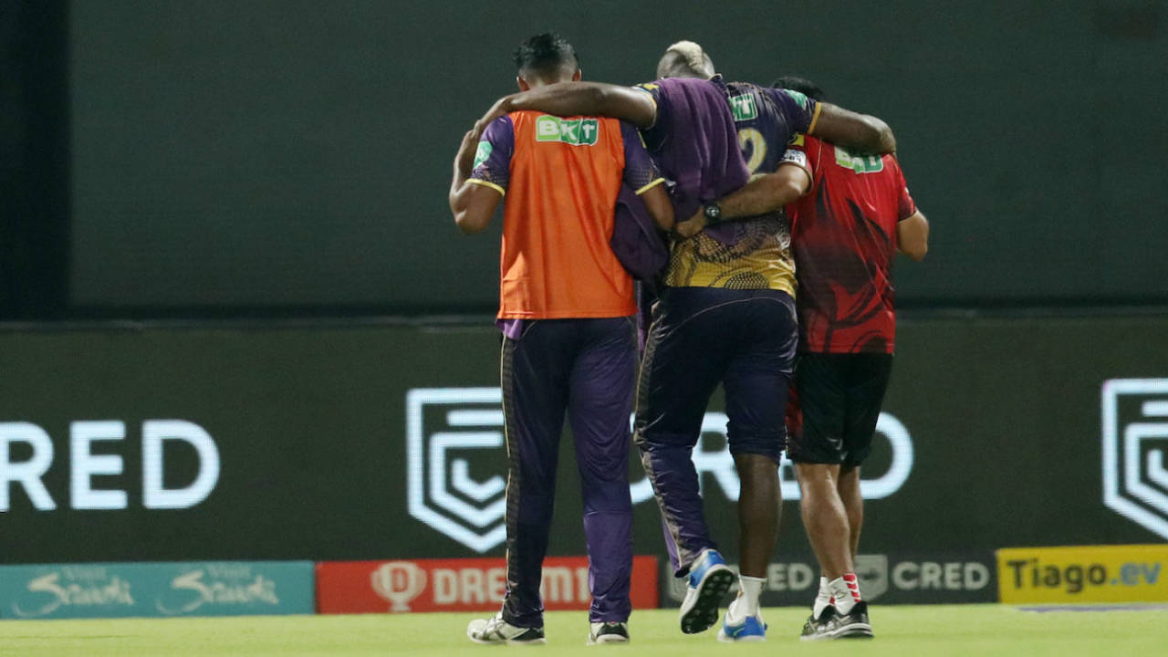 Andre Russell went off the field with an issue in his leg, Kolkata Knight Riders vs Sunrisers Hyderabad, IPL, Kolkata, April 14, 2023