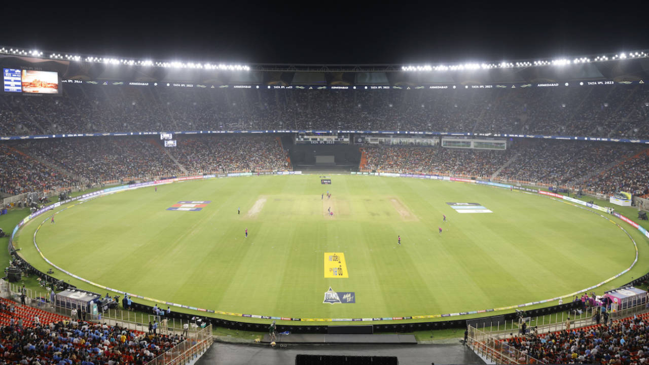 A general view of the play at the Narendra Modi stadium, Gujarat Titans vs Rajasthan Royals, IPL 2023, Ahmedabad, April 16, 2023