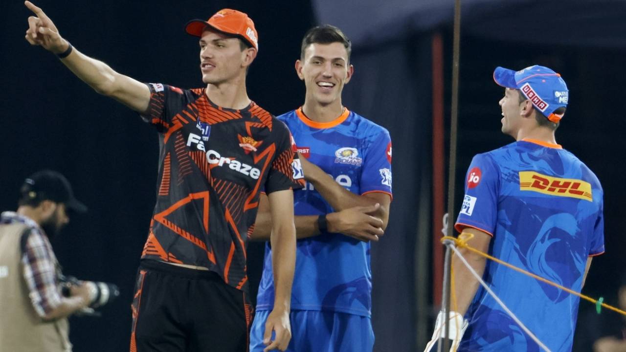 Marco Jansen, Duan Jansen and Tristan Stubbs catch up before the game, Sunrisers Hyderabad vs Mumbai Indians, IPL 2023, Hyderabad, April 18, 2023