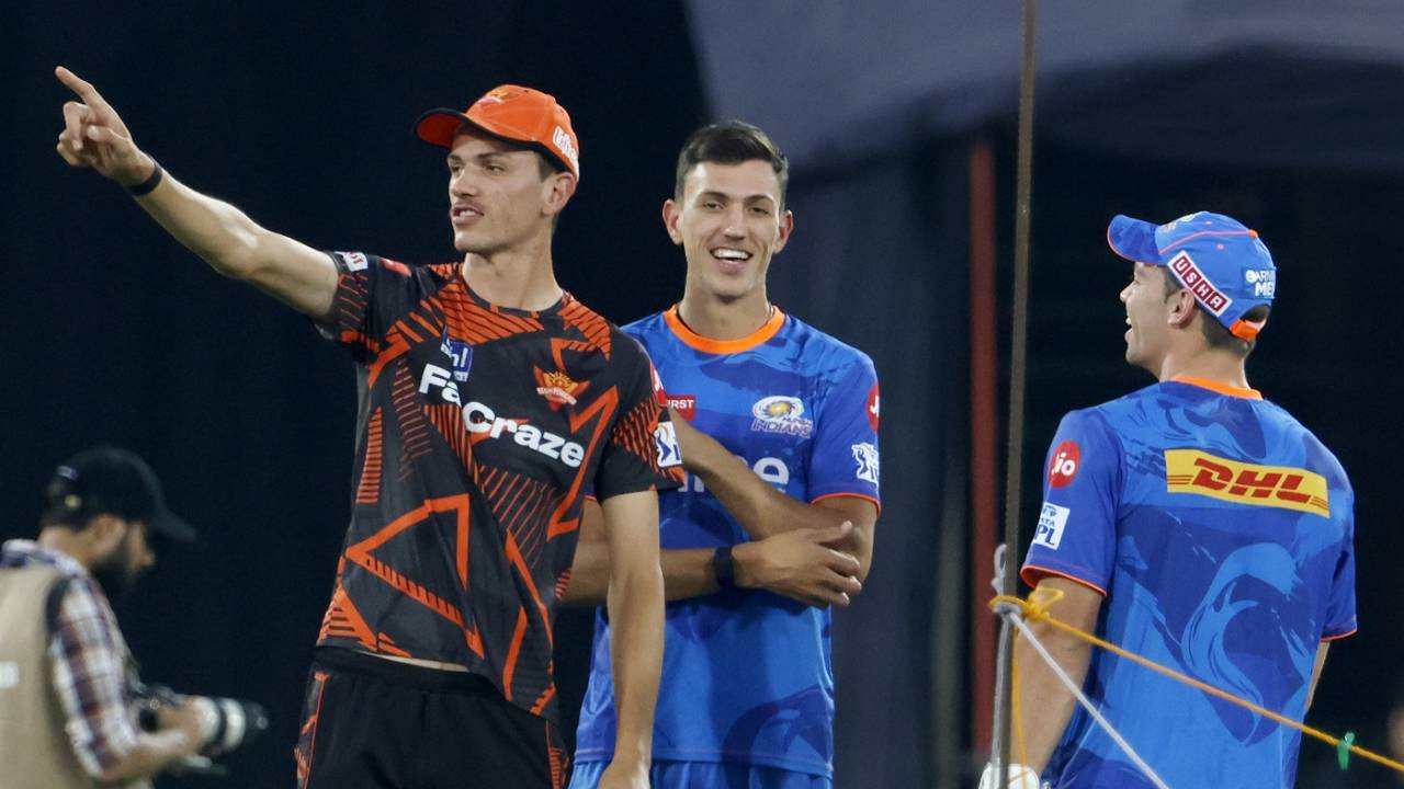 Marco Jansen, Duan Jansen and Tristan Stubbs catch up before the game, Sunrisers Hyderabad vs Mumbai Indians, IPL 2023, Hyderabad, April 18, 2023