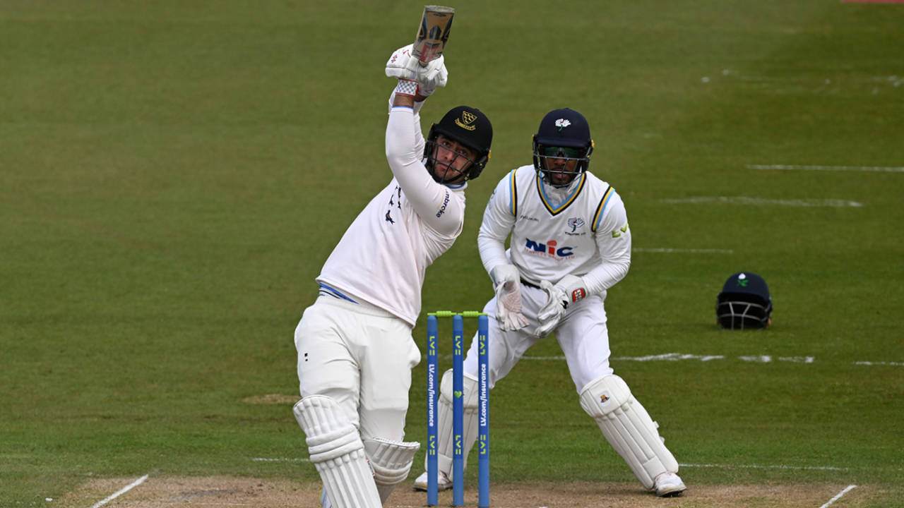 Tom Haines drills six down the ground during his innings of 48, Sussex vs Yorkshire, LV= County Championship, Division Two, April 20, 2023