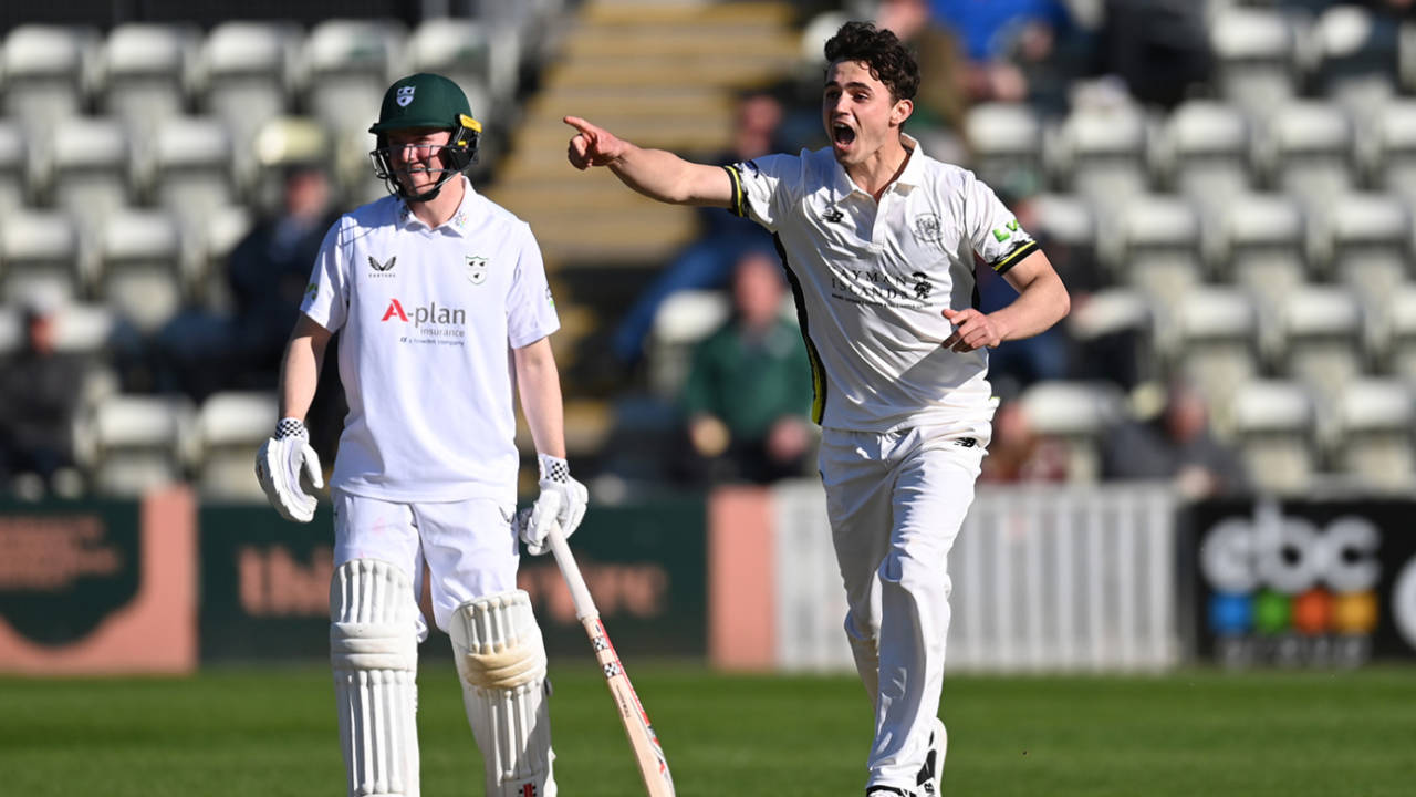 Tom Price celebrates dismissing Brett D'Oliveira to complete his hat-trick, Worcestershire vs Gloucestershire, County Championship, Division Two, New Road, April 20, 2023
