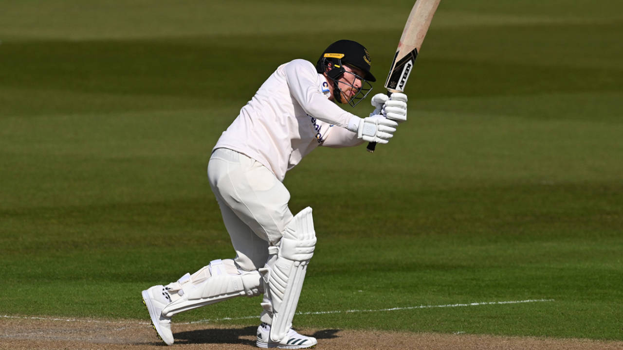 Tom Alsop steps out to drive during his 95, Sussex vs Yorkshire, LV= County Championship, Division Two, April 20, 2023