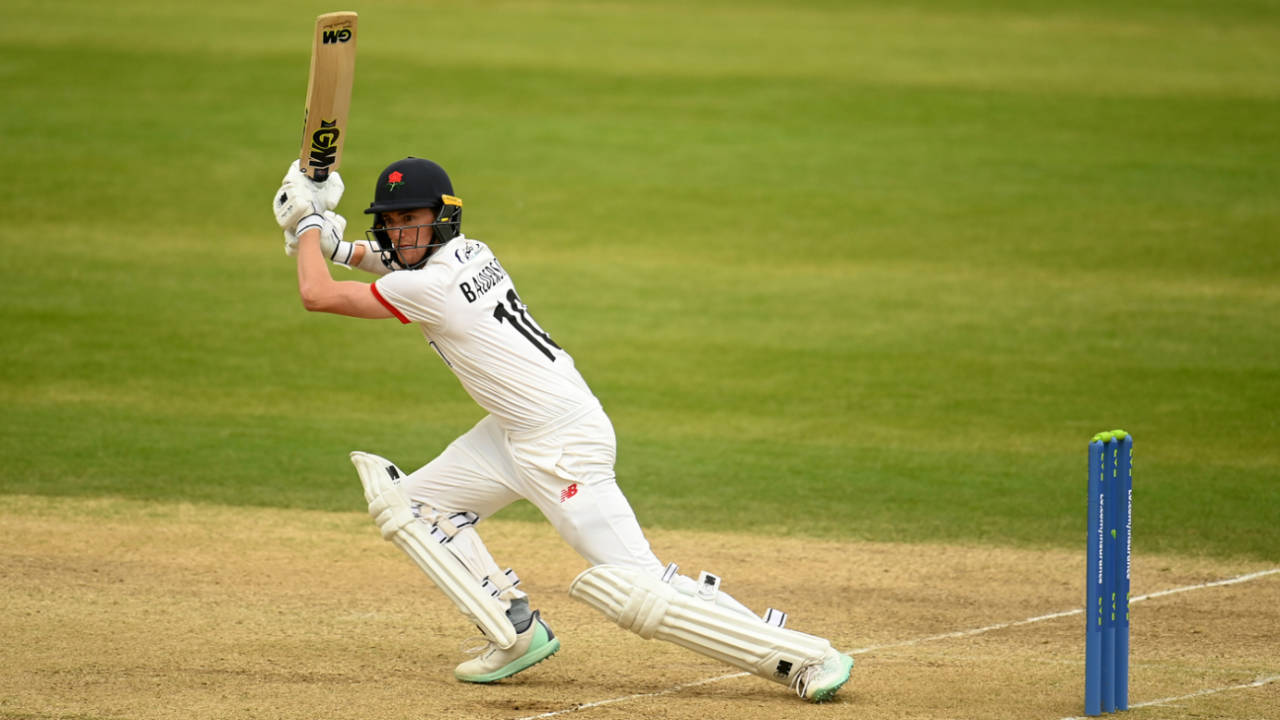 George Balderson flays one through the off side, Somerset vs Lancashire, Taunton, County Championship, 2nd day, April 21, 2023