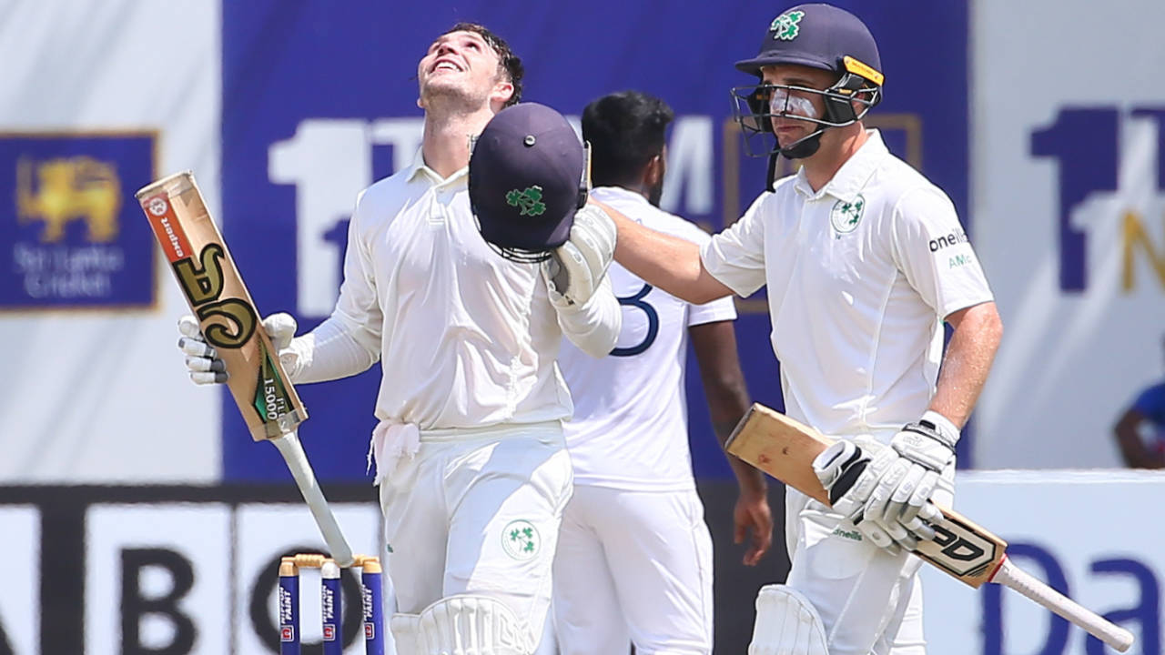 Centurion Curtis Campher looks at the heavens and gets a pat from Andy McBrine, Sri Lanka vs Ireland, 2nd Test, Day 2, Galle, April 25, 2023