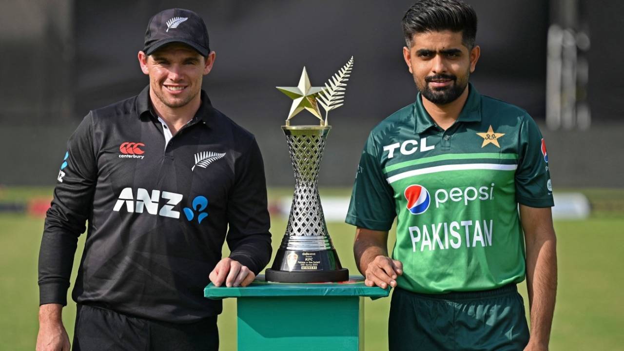 Tom Latham and Babar Azam pose with the ODI series trophy, Pakistan vs New Zealand, Rawalpindi, April 26, 2023