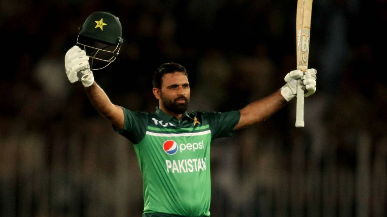 Fakhar Zaman celebrates after scoring a hundred, Pakistan vs New Zealand,1st ODI, Rawalpindi, April 27, 2023
