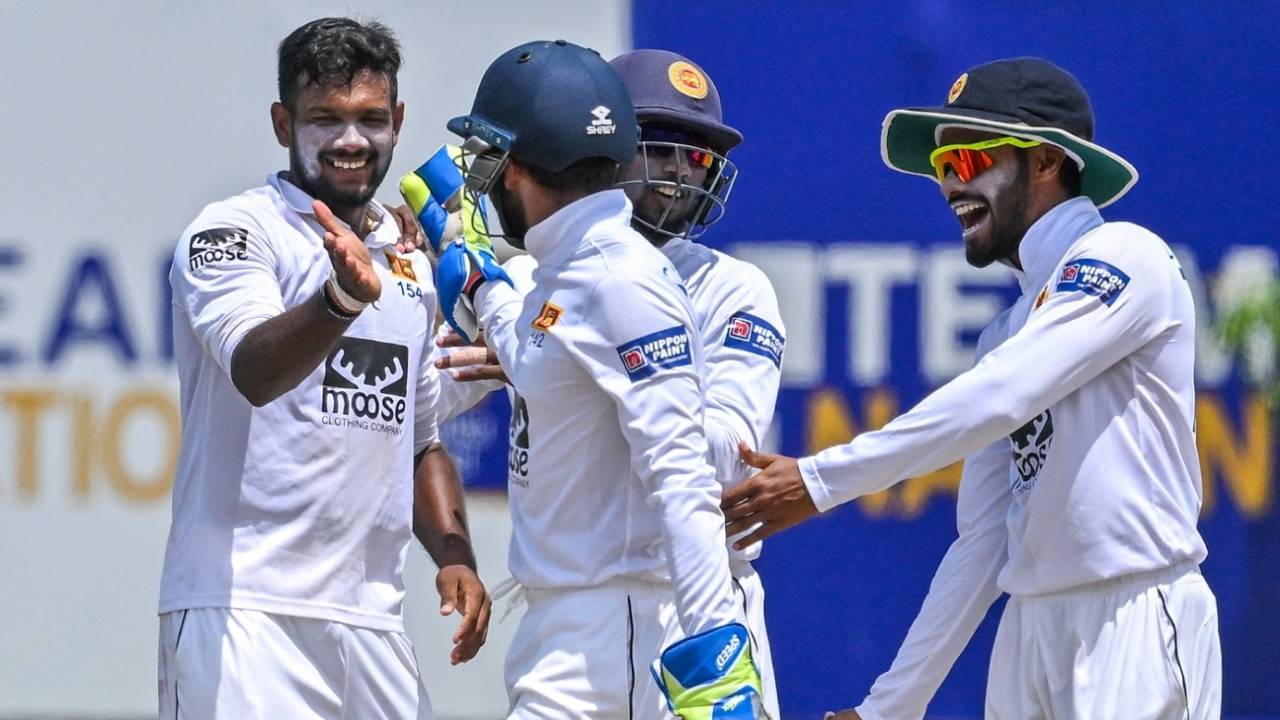 Ramesh Mendis is all smiles after getting rid of Andrew Balbirnie, Sri Lanka vs Ireland, 2nd Test, Galle, 5th day, April 28, 2023