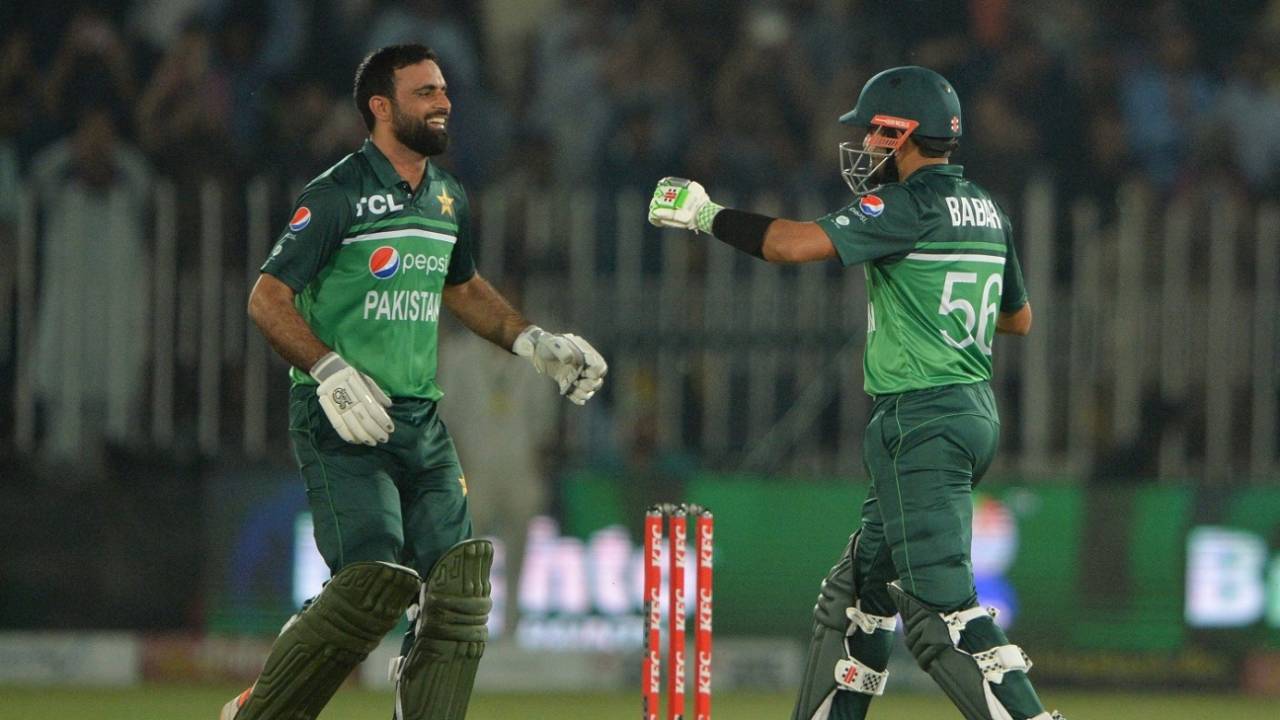 Fakhar Zaman celebrates his century with Babar Azam, Pakistan vs New Zealand, 2nd ODI, Rawalpindi, April 29, 2023