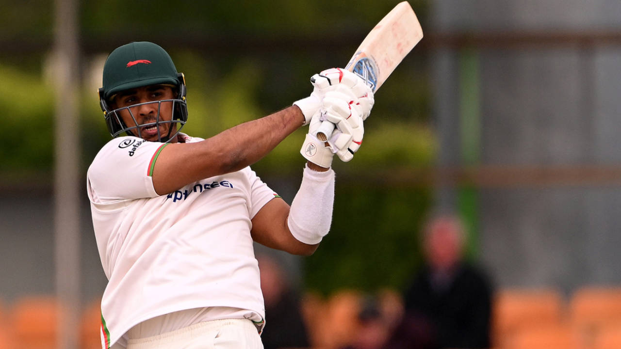 Rishi Patel muscles the ball leg side, Leicestershire vs Glamorgan, County Championship, Division Two, Grace Road, April 30, 2023