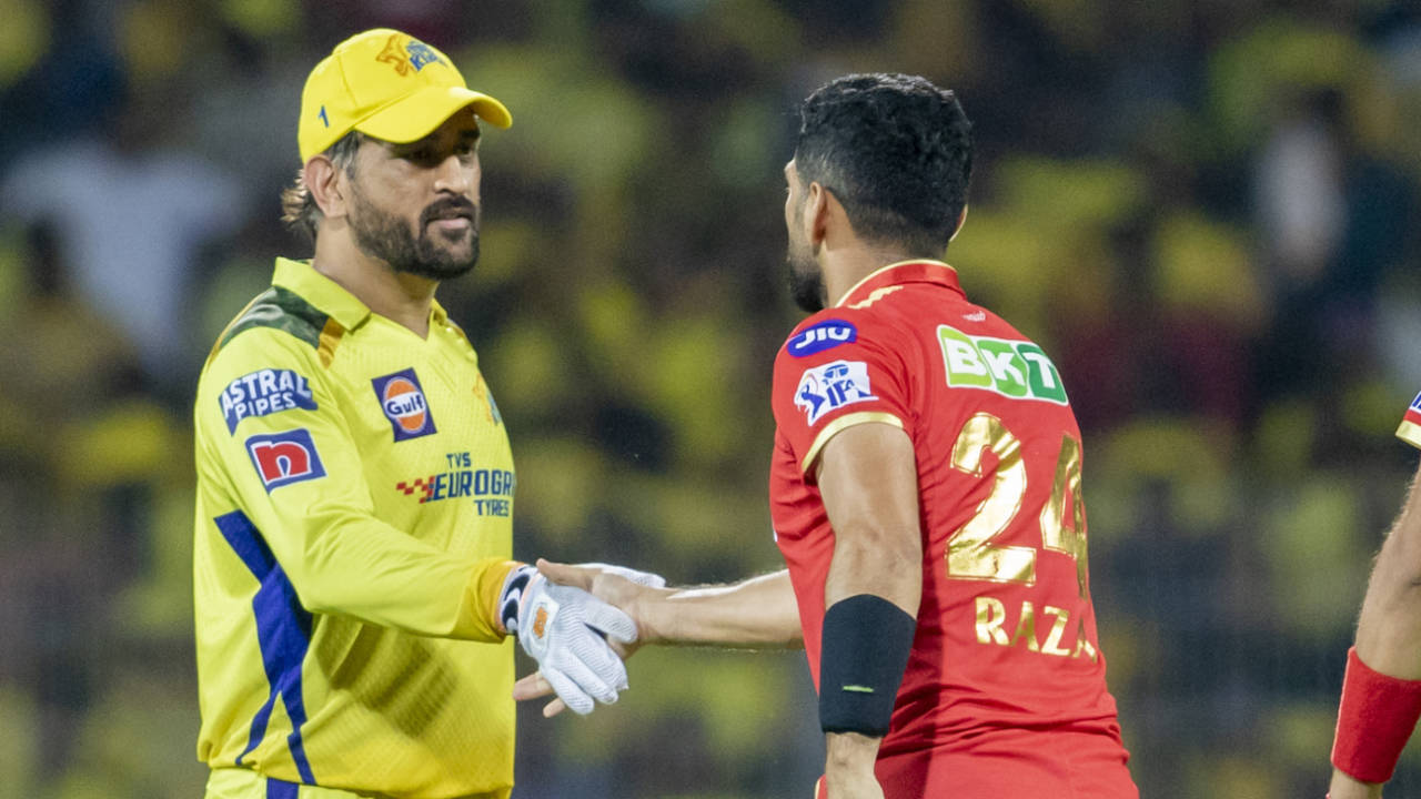 MS Dhoni, the losing captain on the night, and Sikandar Raza, who hit the winning runs in a tight finish, catch up, Chennai Super Kings vs Punjab Kings, IPL 2023, Chennai, April 30, 2023
