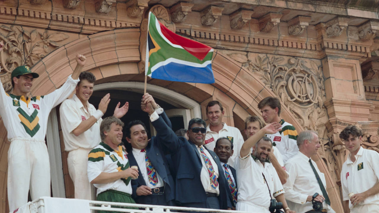 South Africa celebrate their win on the balcony. England vs South Africa, first Test, Lord's, July 24, 1994