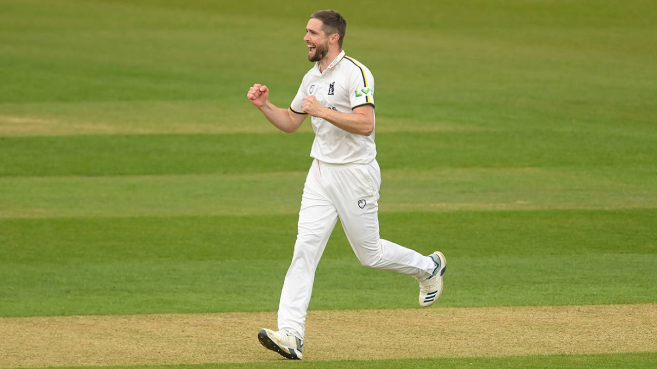 Chris Woakes celebrates a wicket, Hampshire vs Warwickshire, County Championship, Division One, Ageas Bowl, May 4, 2023