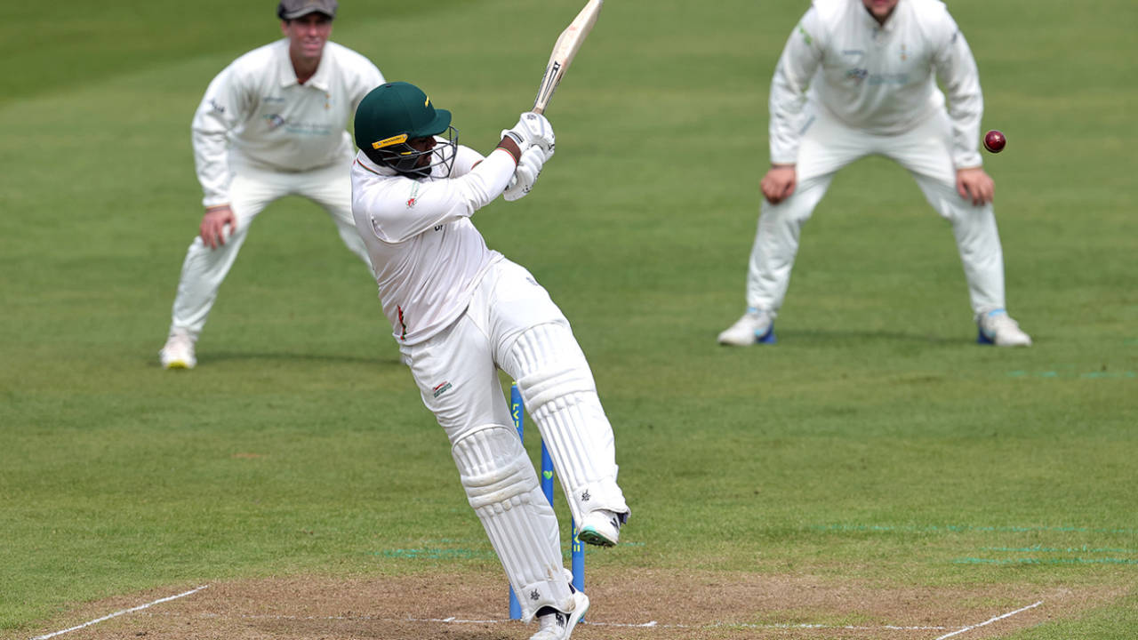 Rehan Ahmed pirouettes on a pull, Derbyshire vs Leicestershire, Derby, County Championship Division Two, May 4, 2023