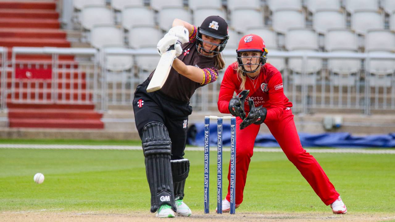 Central Sparks captain Eve Jones drives down the ground during her half-century, Thunder v Central Sparks, Rachael Heyhoe Flint Trophy, Manchester, May 6, 2023