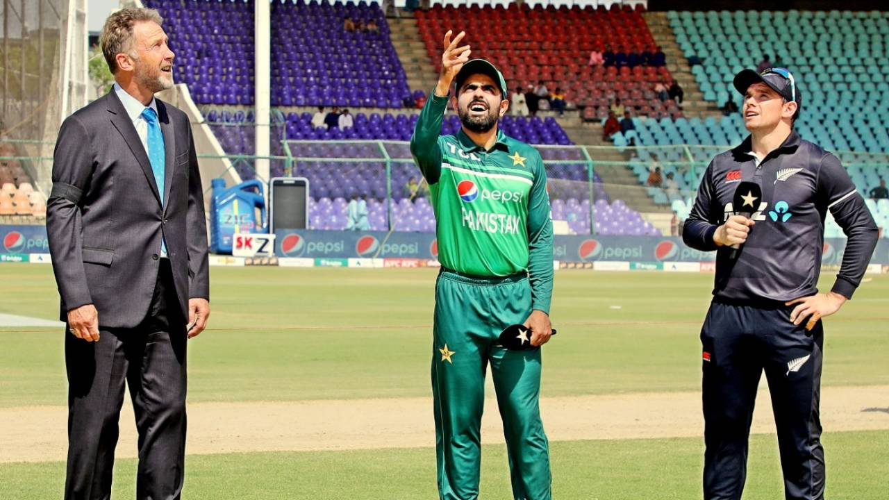 Babar Azam, in his 100th ODI, spins the coin as Tom Latham and Chris Broad look on, Pakistan vs New Zealand, 5th ODI, Karachi, May 7, 2023