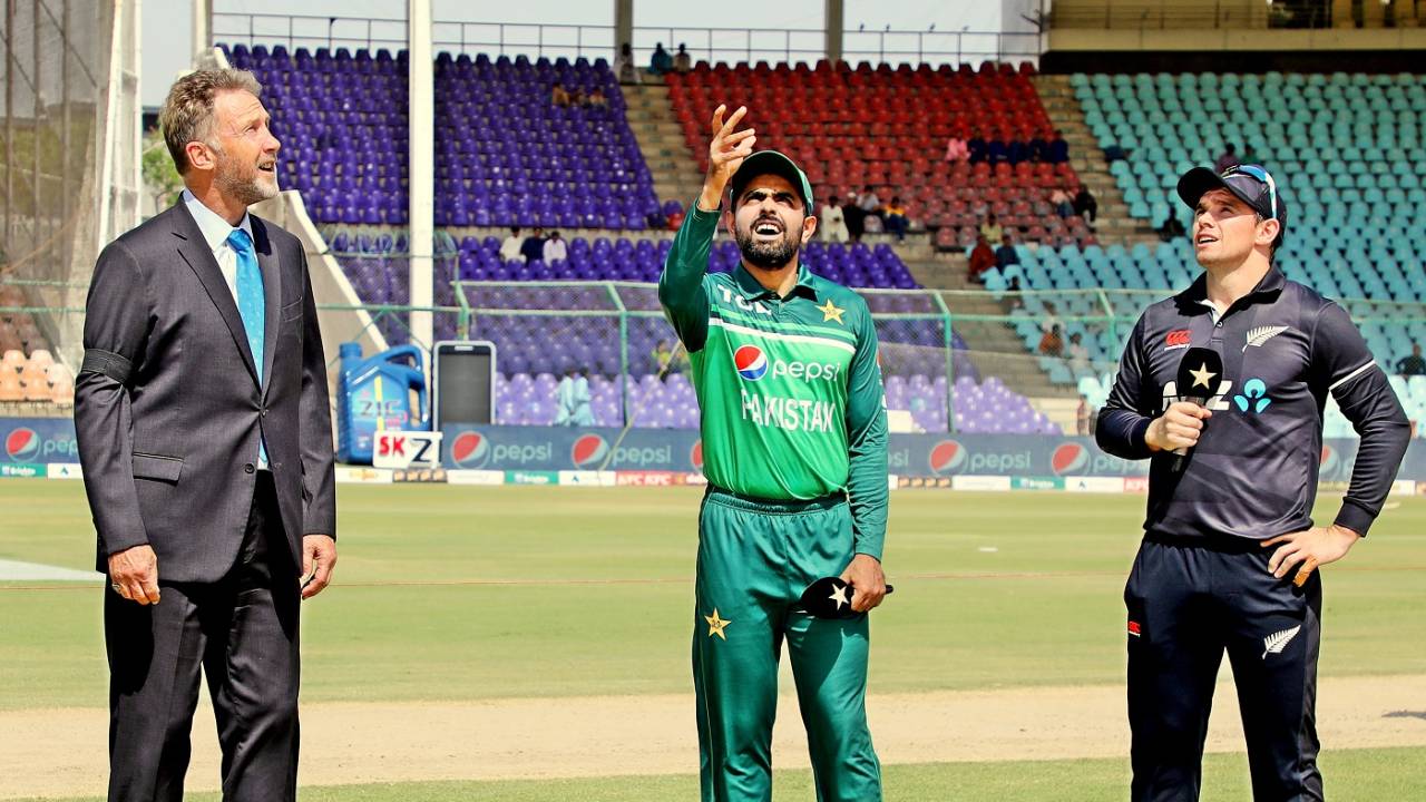 Babar Azam, in his 100th ODI, spins the coin as Tom Latham and Chris Broad look on, Pakistan vs New Zealand, 5th ODI, Karachi, May 7, 2023