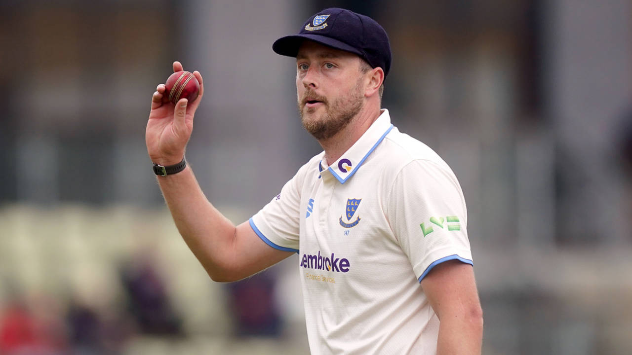 Ollie Robinson holds up the ball after his seven-for, Worcestershire vs Sussex, County Championship, Division Two, New Road, 1st day, May 4, 2023