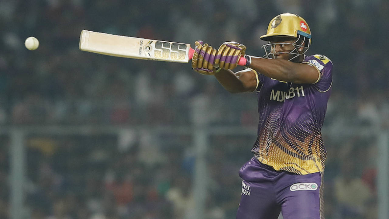 Andre Russell gets off his toes to play the ball, Kolkata Knight Riders vs Punjab Kings, IPL 2023, Kolkata, May 8, 2023