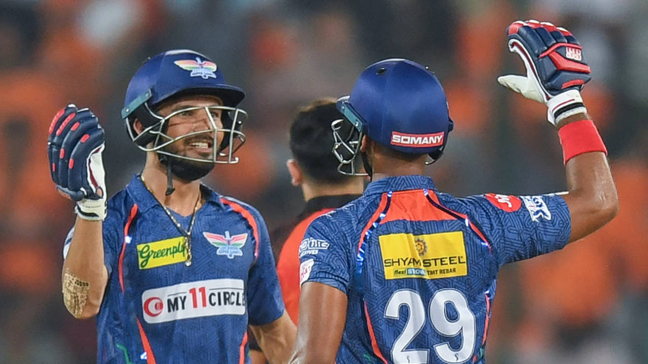 Prerak Mankad and Nicholas Pooran celebrate after completing the job, Sunrisers Hyderabad vs Lucknow Super Giants, IPL 2023, Hyderabad, May 13, 2023