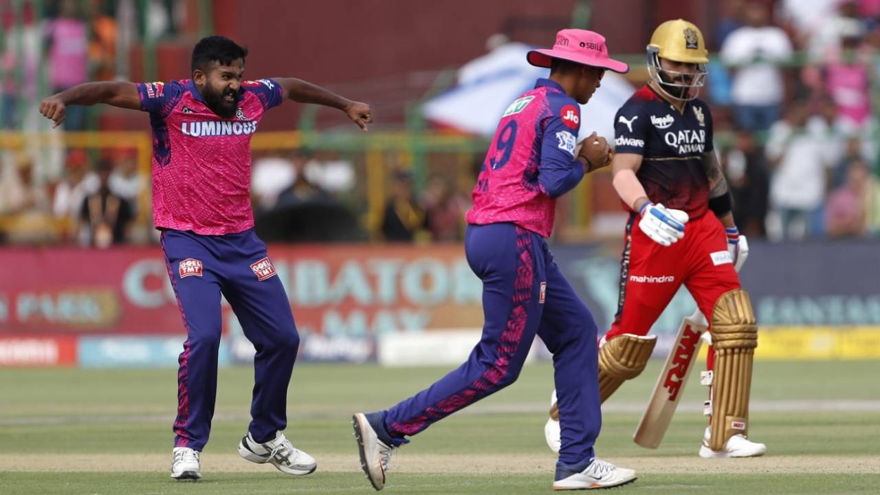 KM Asif is pumped up after getting rid of Virat Kohli, Rajasthan Royals vs Royal Challengers Bangalore, IPL, Jaipur, May 14, 2023