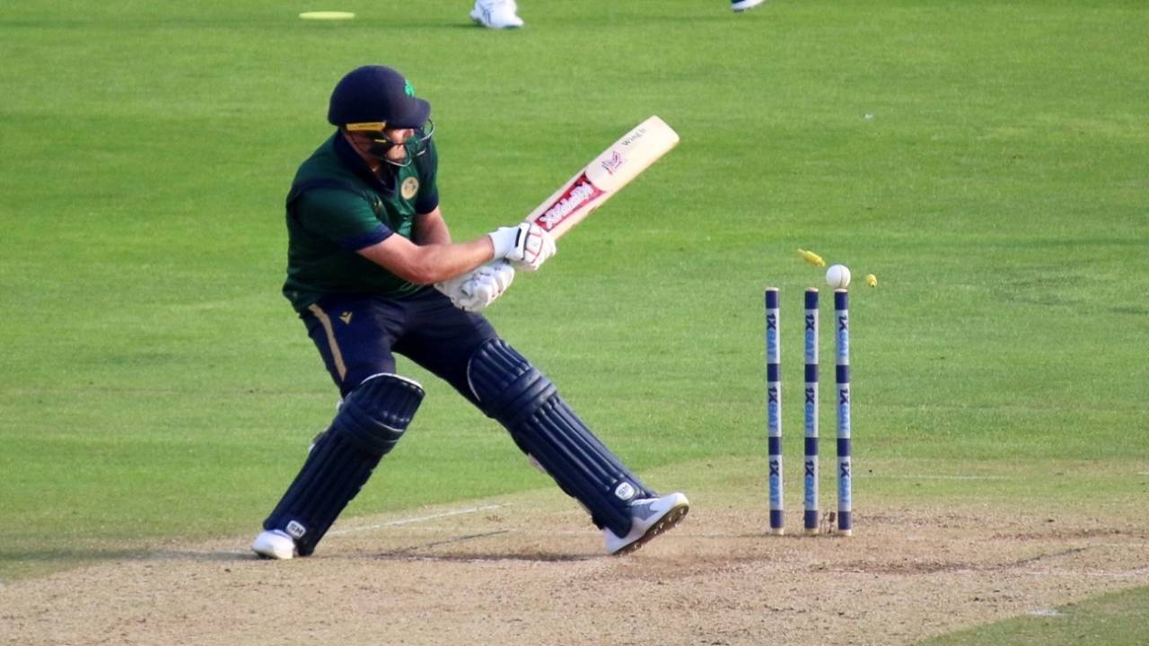 Mark Adair is bowled after missing a scoop, Ireland vs Bangladesh, 3rd ODI, Chelmsford, May 14, 2023