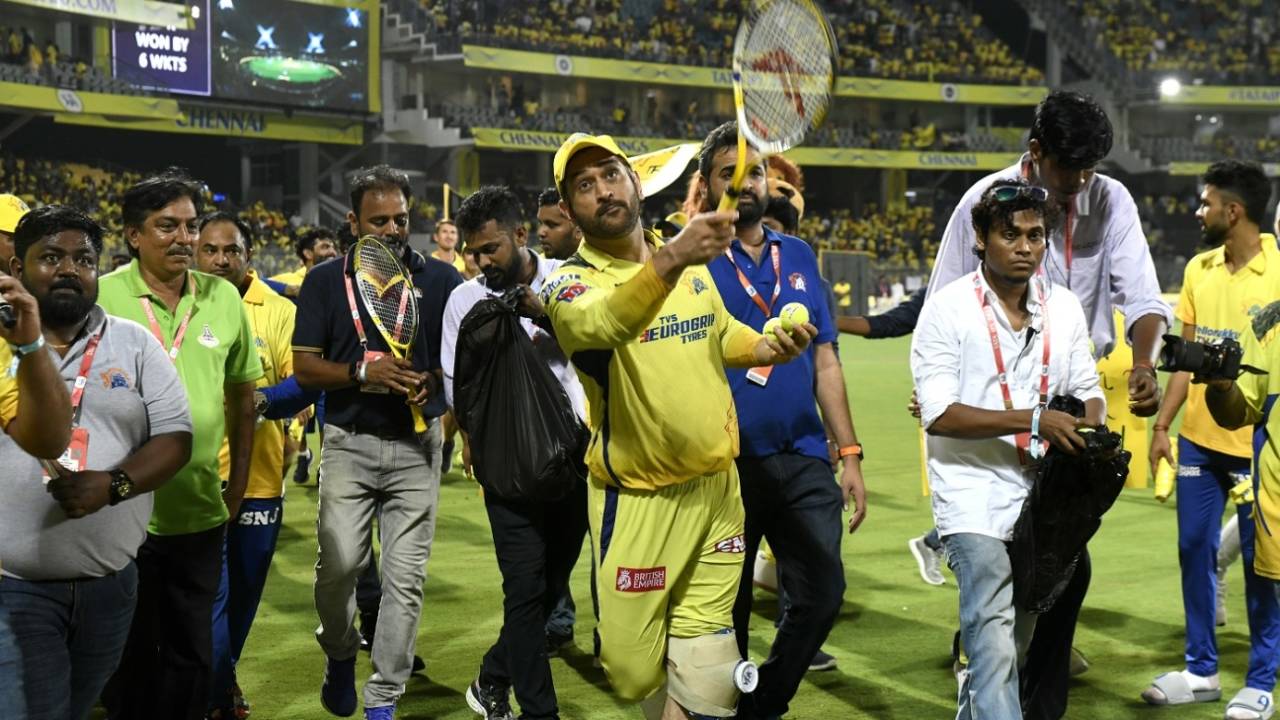 MS Dhoni practiced his tennis forehand as he hit some balls to the crowd after the game, Chennai Super Kings vs Kolkata Knight Riders, IPL 2023, Chennai, May 14, 2023