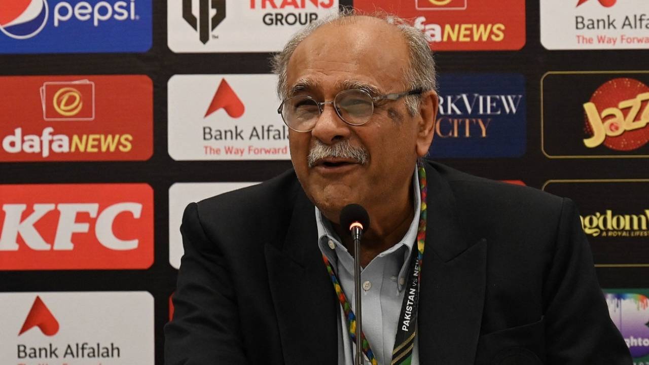 PCB management committee chairman Najam Sethi attends a press conference, Rawalpindi, April 20, 2023
