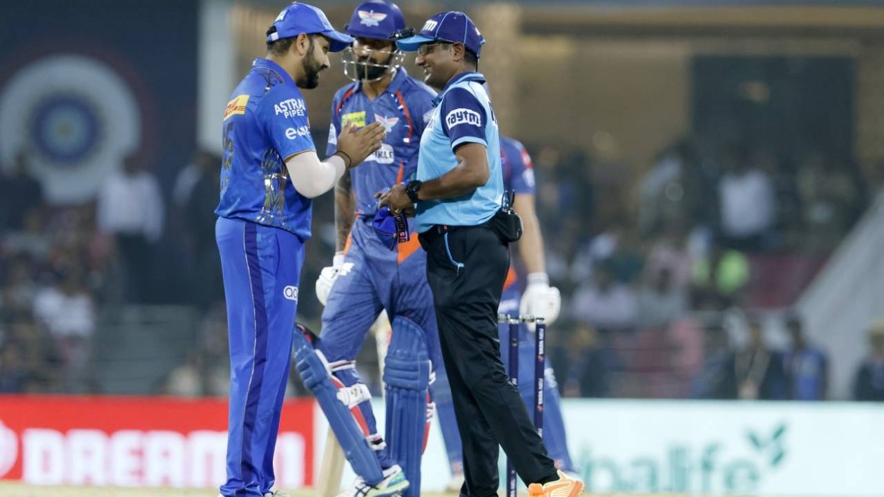 Rohit Sharma and umpire Nand Kishore discuss a wide call, Lucknow Super Giants vs Mumbai Indians, IPL 2023, Lucknow, May 16, 2023