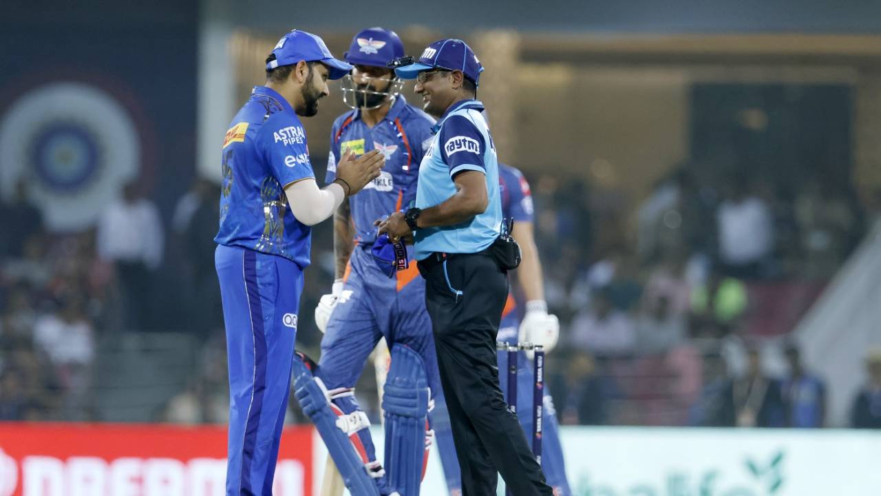 Rohit Sharma and umpire Nand Kishore discuss a wide call, Lucknow Super Giants vs Mumbai Indians, IPL 2023, Lucknow, May 16, 2023