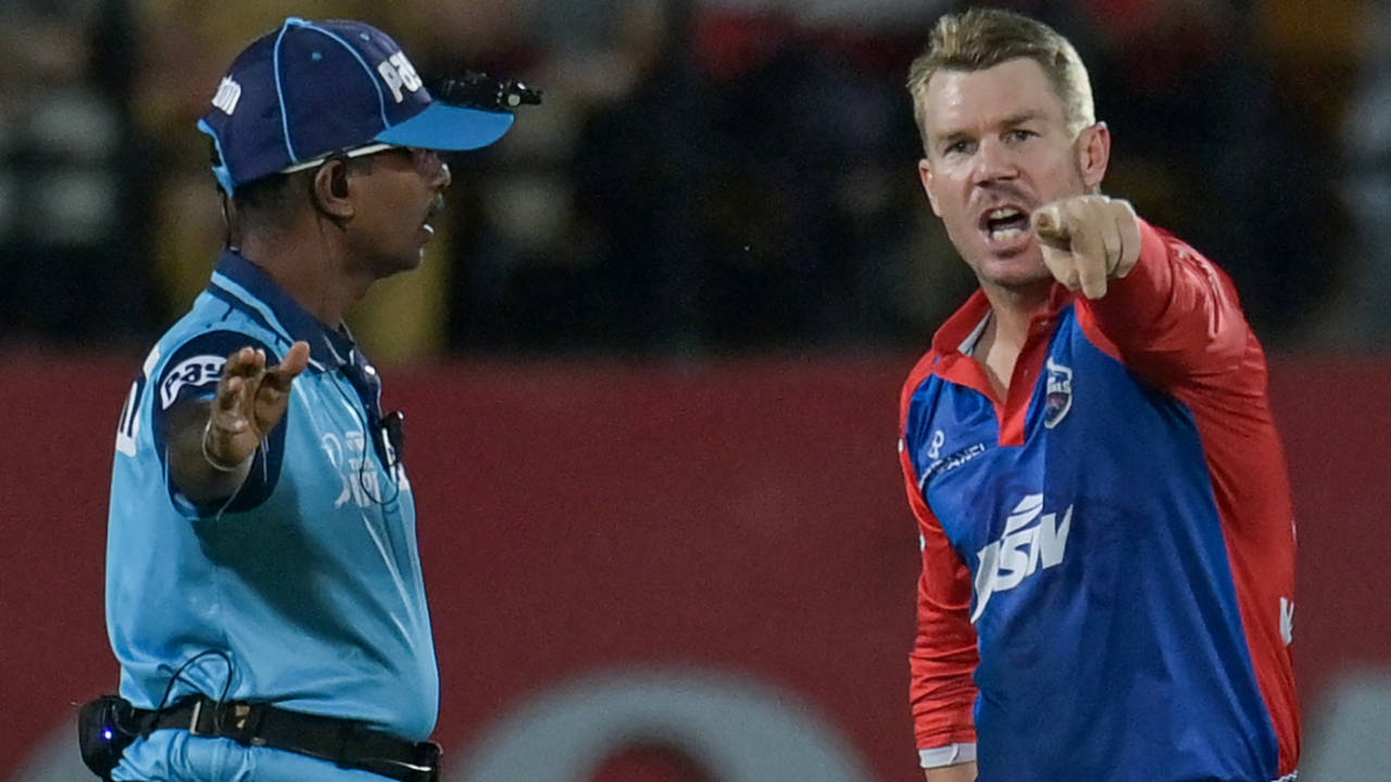 David Warner and Saidharshan Kumar, the on-field umpire, argue over a no-ball call, Punjab Kings vs Delhi Capitals, IPL 2023, Dharamsala, May 17, 2023