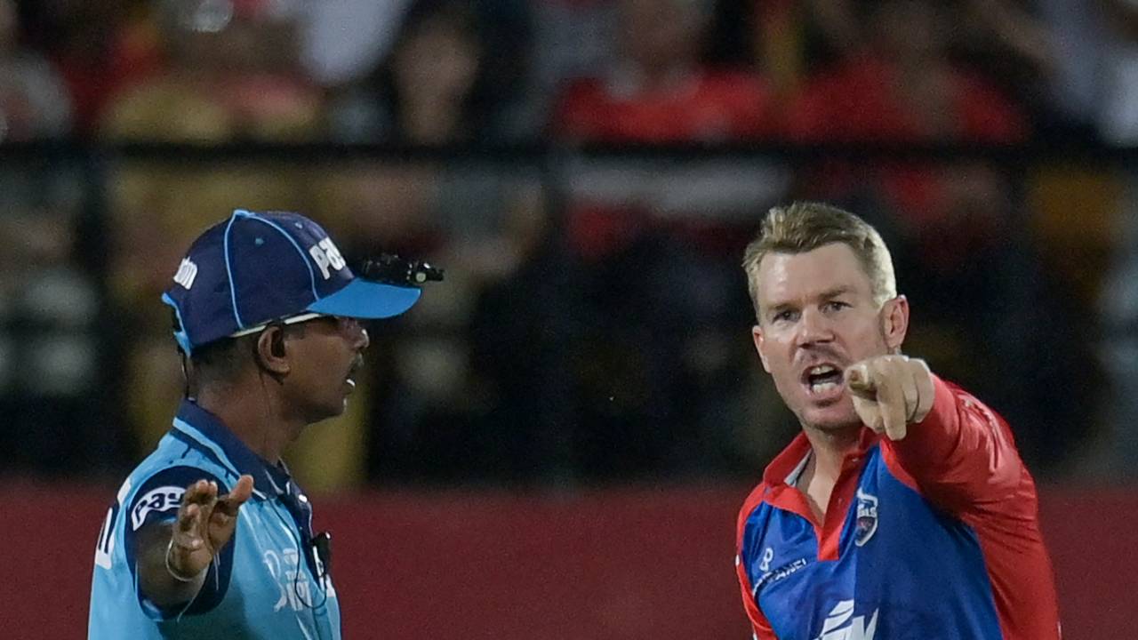 David Warner and Saidharshan Kumar, the on-field umpire, argue over a no-ball call, Punjab Kings vs Delhi Capitals, IPL 2023, Dharamsala, May 17, 2023
