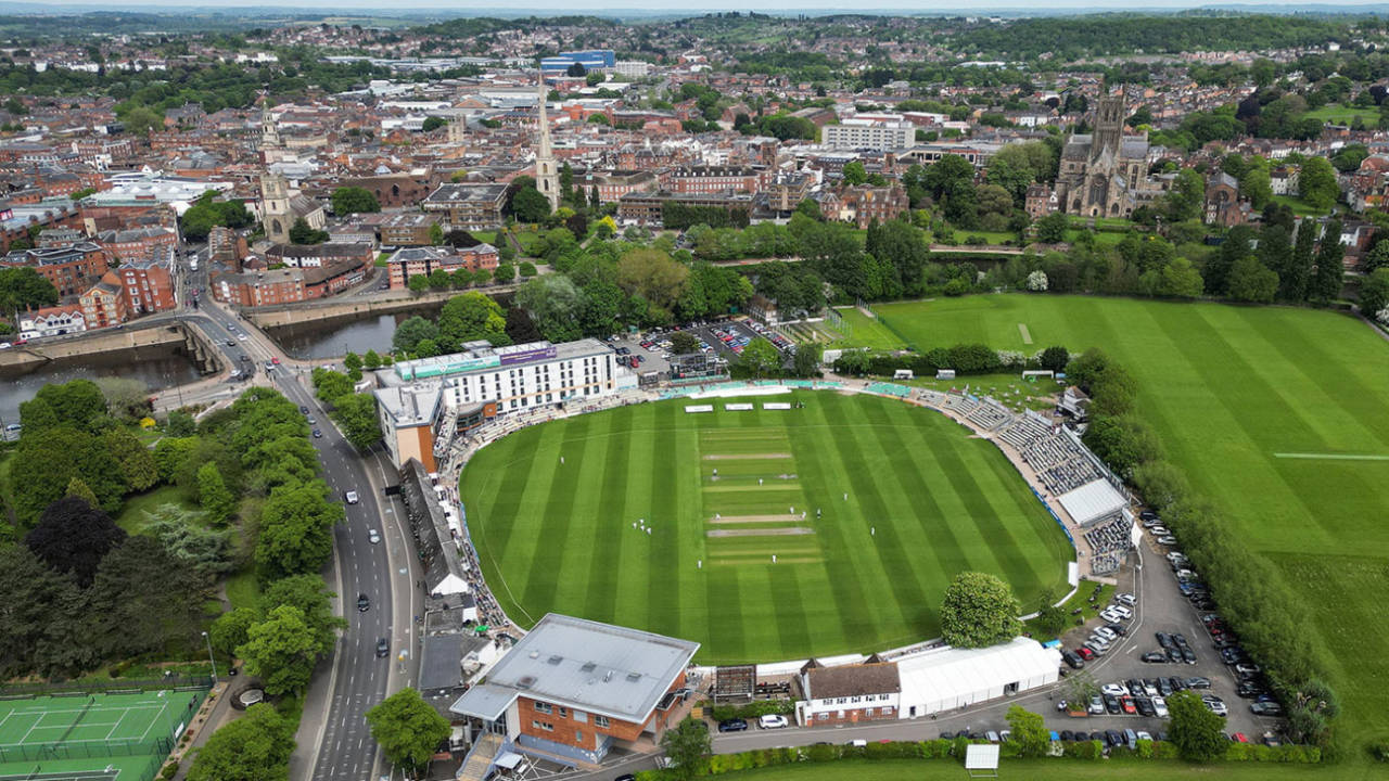 An aerial view of New Road during Worcestershire's County Championship match with Leicestershire, Worcestershire vs Leicestershire, LV= County Championship, 1st day, New Road