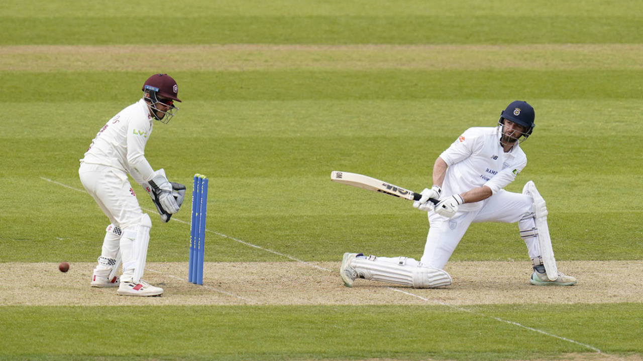 James Vince sweeps during his half-century against Northamptonshire, Hampshire vs Northamptonshire, LV= County Championship, Ageas Bowl, 1st day, May 18, 2023