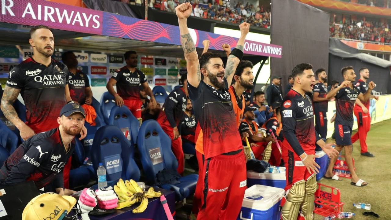 Virat Kohli celebrates from the dugout after RCB's win, Sunrisers Hyderabad vs Royal Challengers Bangalore, IPL 2023, Hyderabad, May 18, 2023