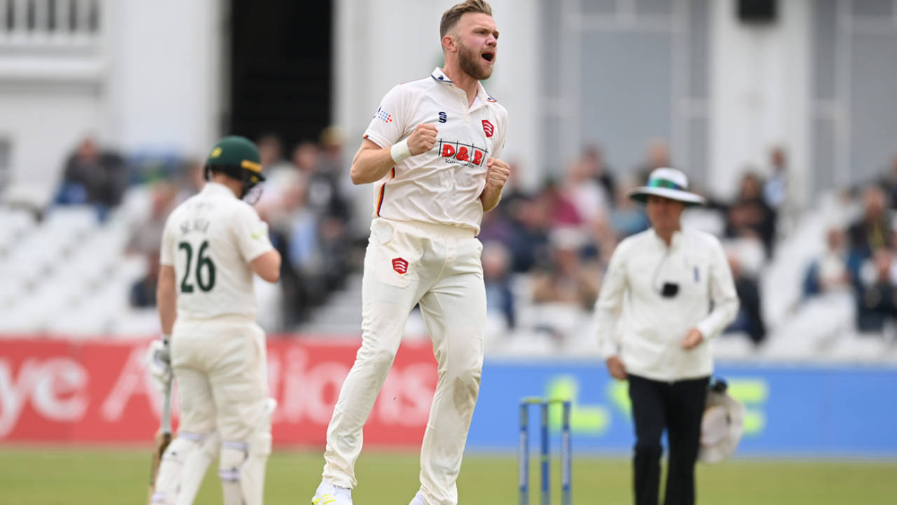 Sam Cook celebrates an early breakthrough, Nottinghamshire vs Essex, County Championship, Division One, Trent Bridge, May 19, 2023