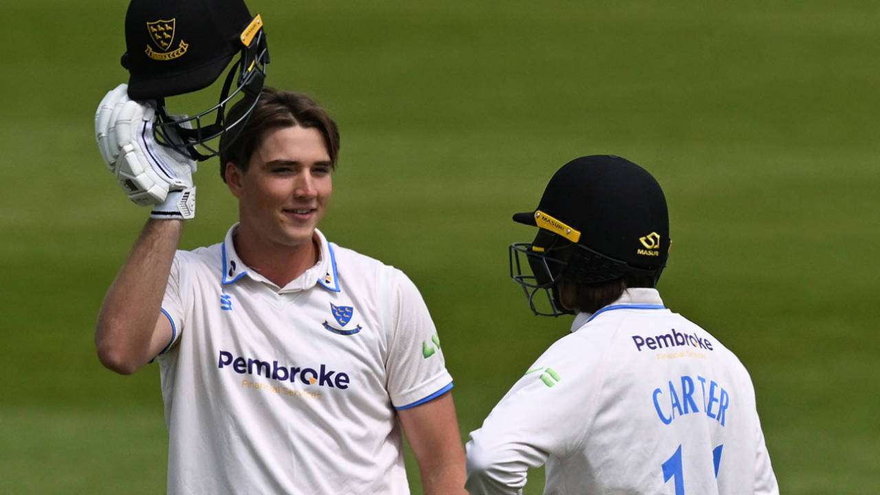 James Coles celebrates his maiden first-class hundred, Sussex vs Glamorgan, County Championship, Division Two, Hove, May 19, 2023