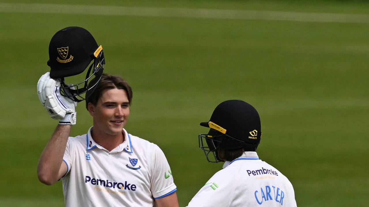 James Coles celebrates his maiden first-class hundred, Sussex vs Glamorgan, County Championship, Division Two, Hove, May 19, 2023