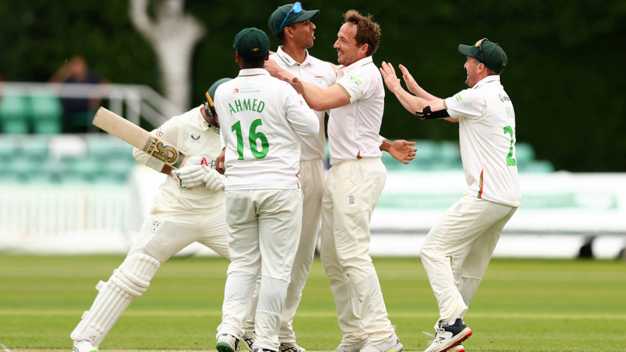Josh Davey celebrates a wicket, Worcestershire vs Leicestershire, LV= County Championship, New Road, May 18, 2023