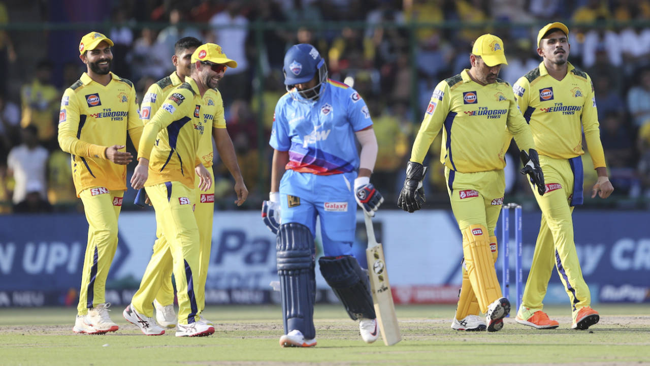 The CSK players celebrate after sending Prithvi Shaw back cheaply, Delhi Capitals vs Chennai Super Kings, IPL 2023, Delhi, May 20, 2023