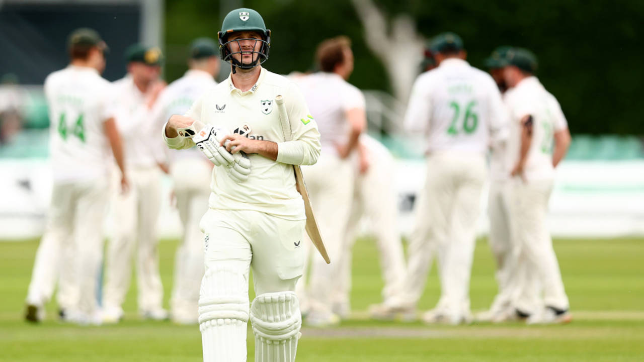 Gareth Roderick walks off after being bowled, Worcestershire vs Leicestershire, LV= County Championship, 1st day, New Road, May 18, 2023