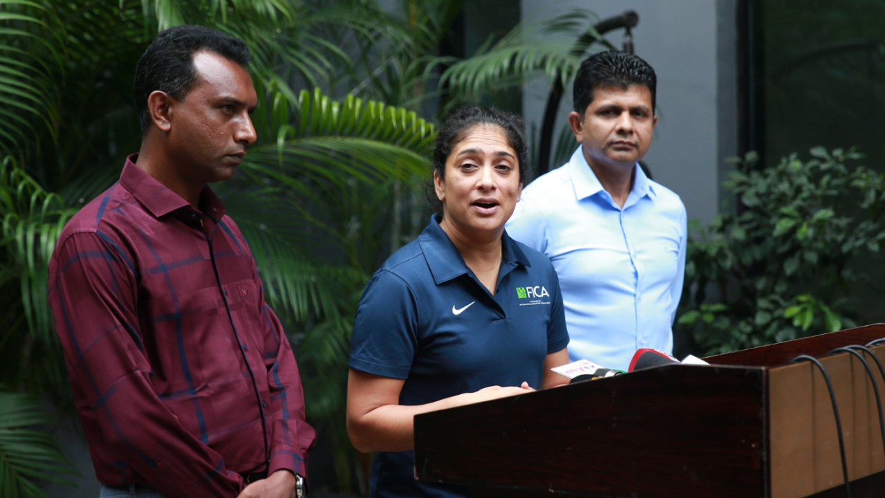 FICA president Lisa Sthalekar attends a press conference in Dhaka
