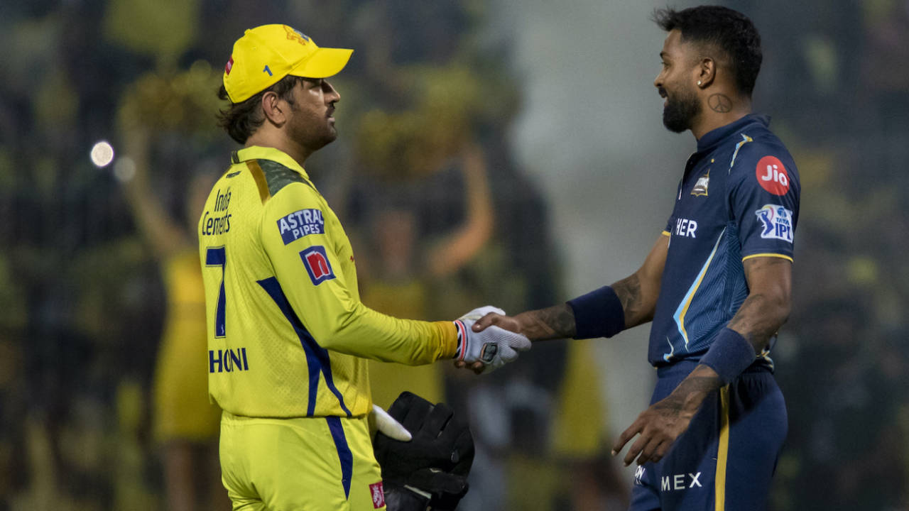 MS Dhoni and Hardik Pandya shake hands after the game, Gujarat Titans vs Chennai Super Kings, Qualifier 1, IPL 2023, May 23, 2023