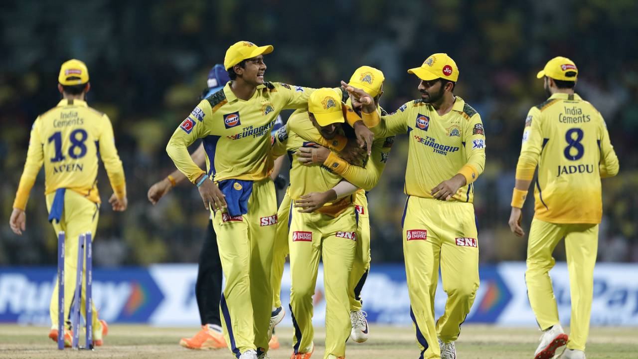 Substitute fielder SP Senapati is mobbed by team-mates after scoring a direct-hit to send back Darshan Nalkande, Gujarat Titans vs Chennai Super Kings, Qualifier 1, IPL 2023, May 23, 2023