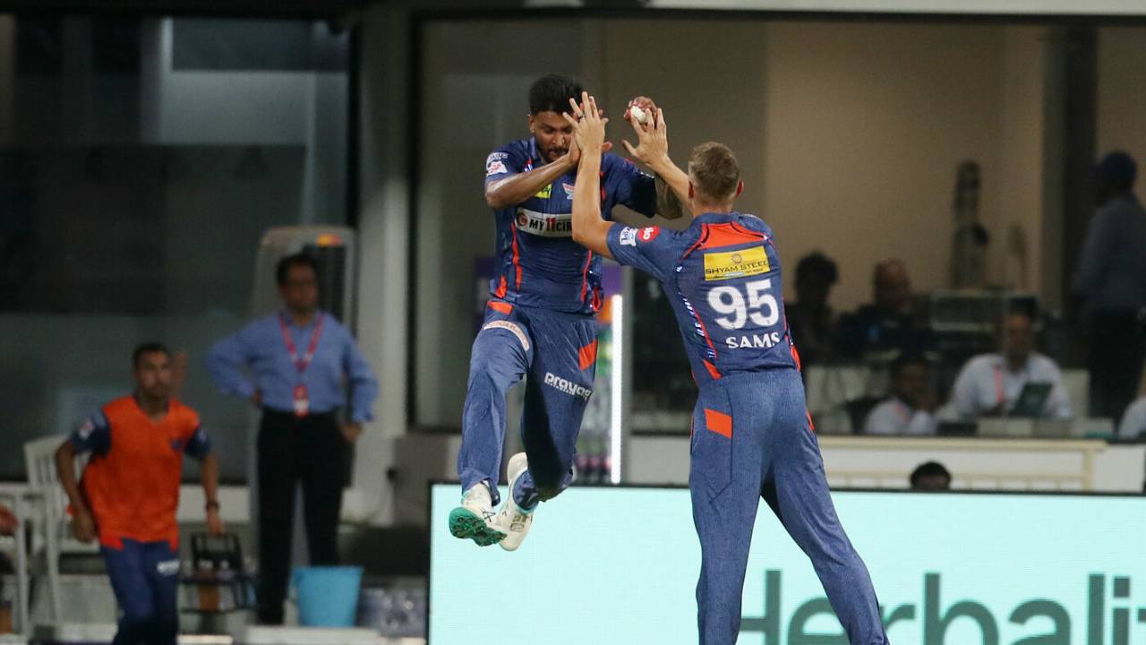 K Gowtham leaps in celebration after catching out Suryakumar Yadav