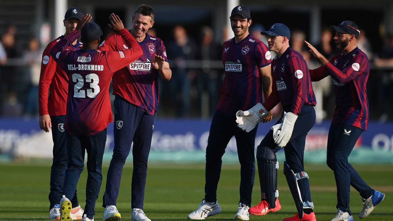 Michael Hogan celebrates with team-mates after taking the wicket of Chris Dent, Vitality Blast, Kent vs Gloucestershire, Canterbury, May 24, 2023